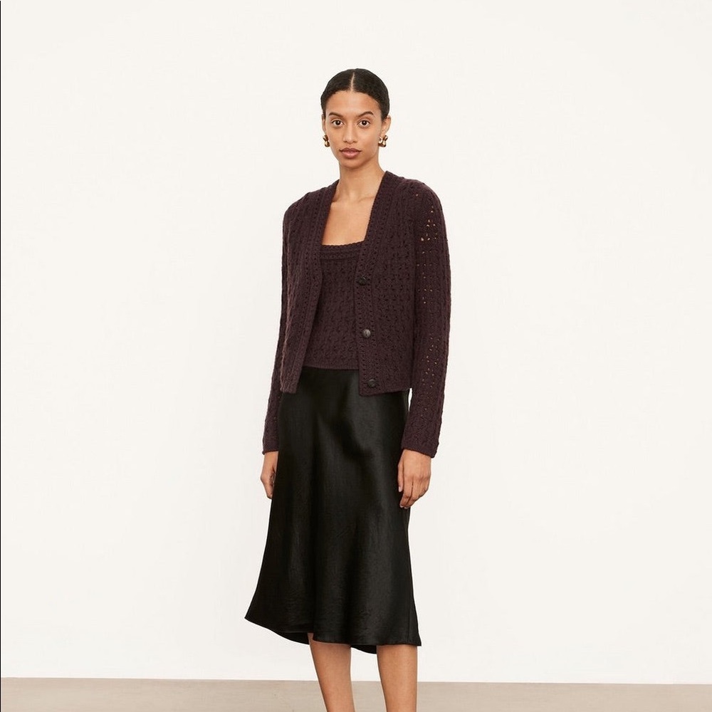 NWT Vince Crochet Wool Cashmere Cardigan Sweater Brown M